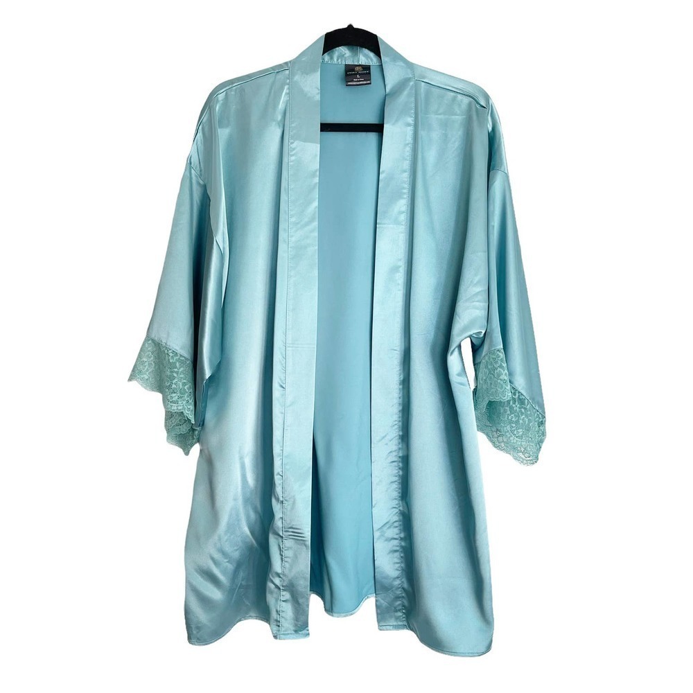 Cozy Rozy Collection Satin Lace Kimono Robe Blue Women's Size Large